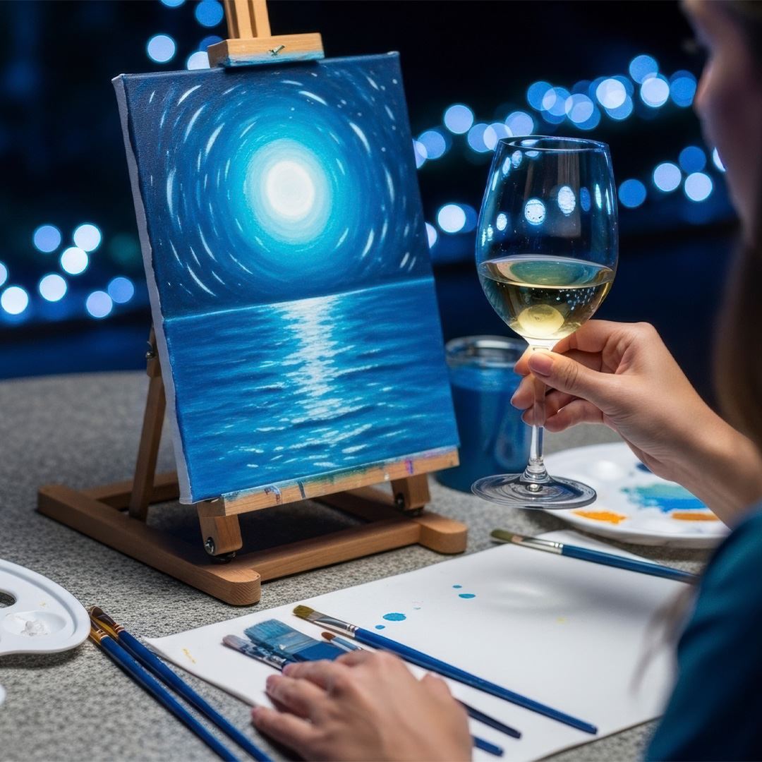 An artist holding a glass of wine while painting.